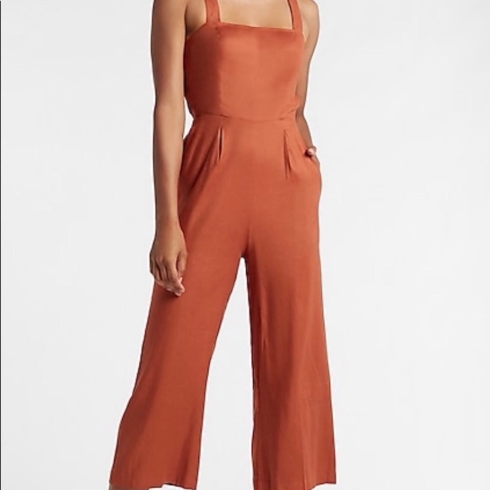 Express square neck / tie back / wide leg crop linen jumpsuit Sz Small